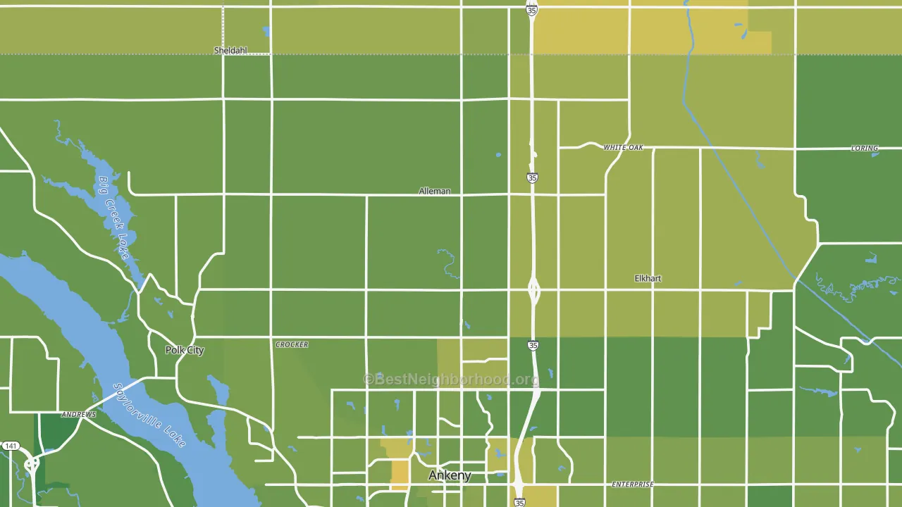 Map of the best neighborhoods in the Alleman area, with better matches in green and worse matches in red