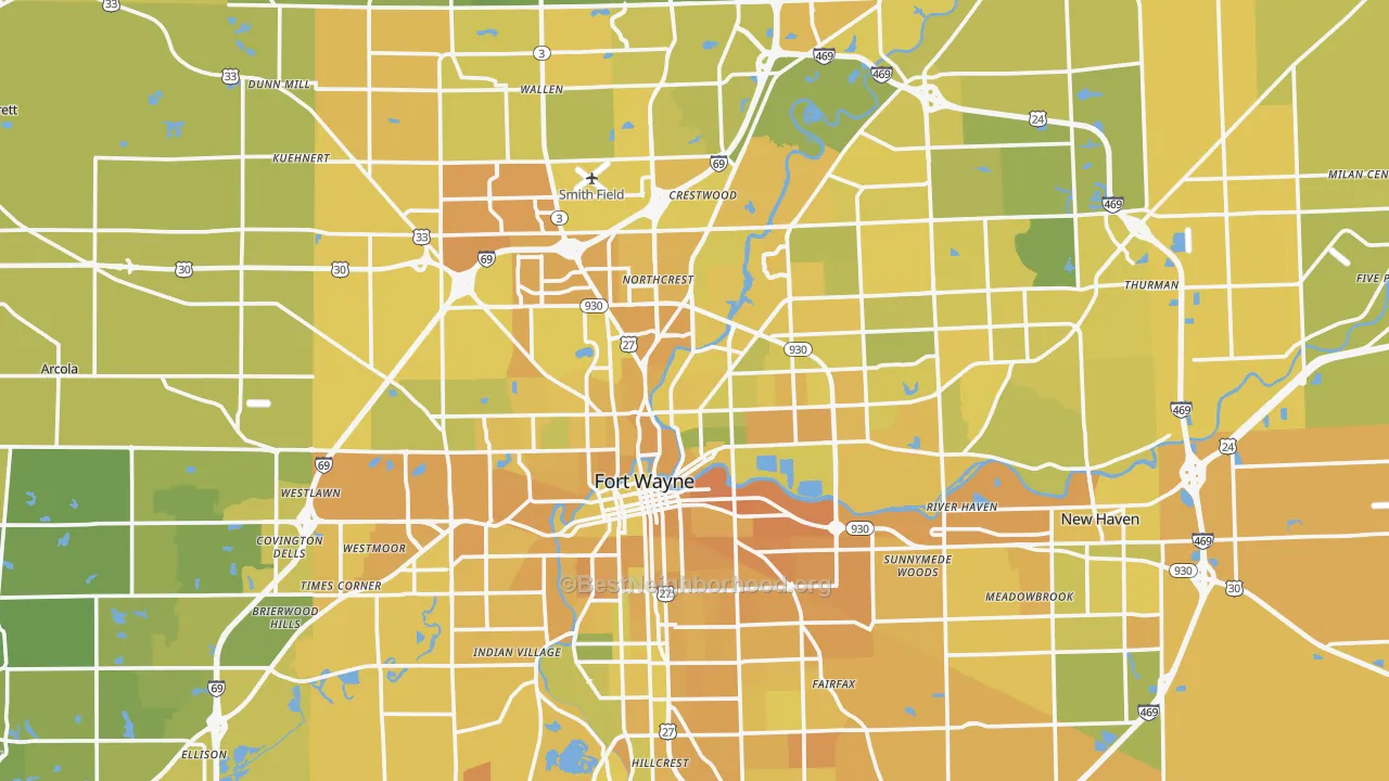 Map of the best neighborhoods in the Allen County area, with better matches in green and worse matches in red