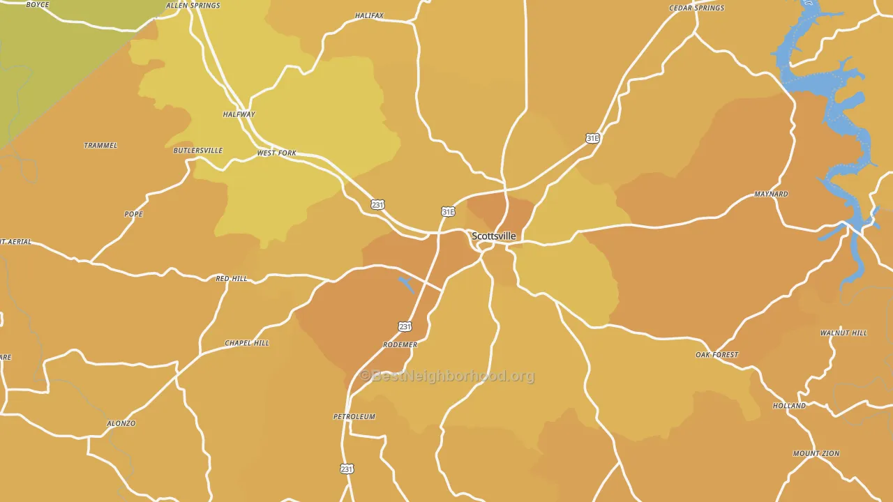 Map of the best neighborhoods in the Allen County area, with better matches in green and worse matches in red