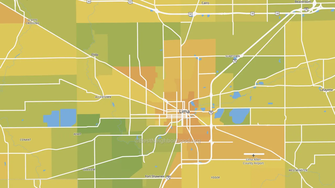 Map of the best neighborhoods in the Allen County area, with better matches in green and worse matches in red