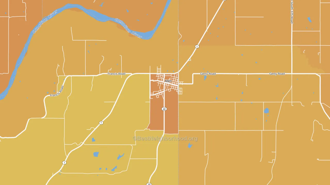 Map of the best neighborhoods in the Allen area, with better matches in green and worse matches in red