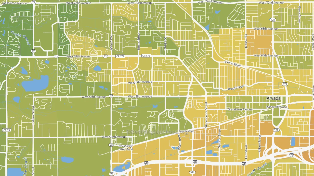 Map of the best neighborhoods in the Allendale Area, Arvada area, with better matches in green and worse matches in red