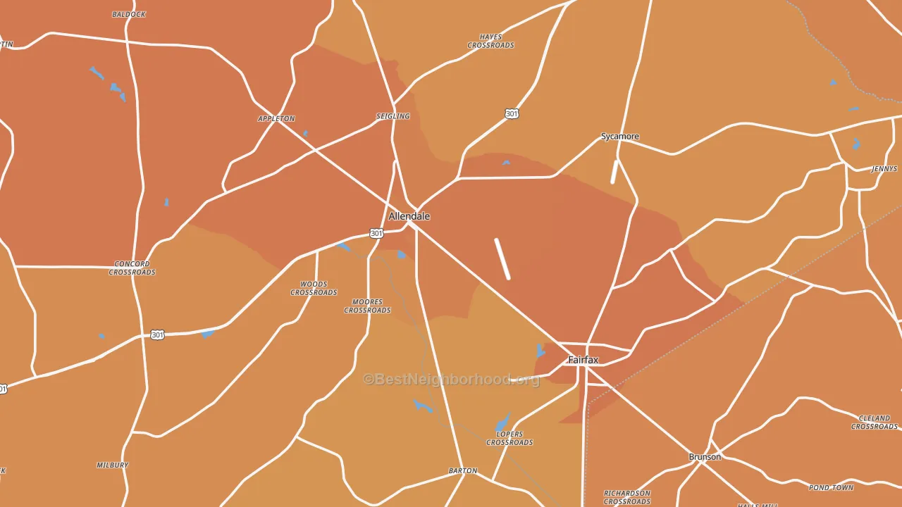 Map of the best neighborhoods in the Allendale County area, with better matches in green and worse matches in red