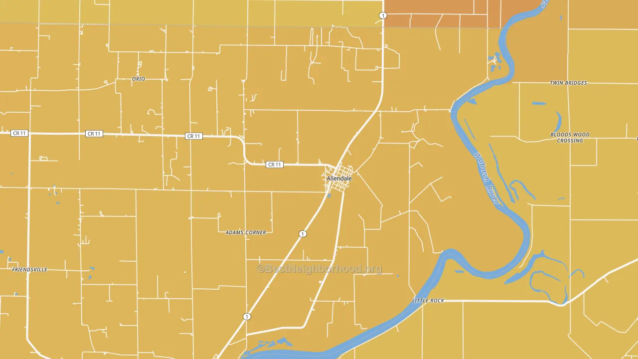 Map of the best neighborhoods in the Allendale area, with better matches in green and worse matches in red