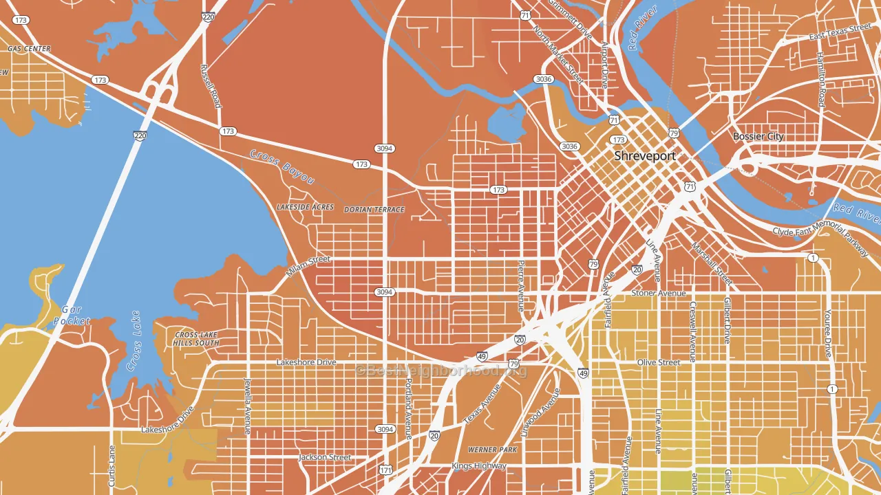 Map of the best neighborhoods in the Allendale-Lakeside, Shreveport area, with better matches in green and worse matches in red