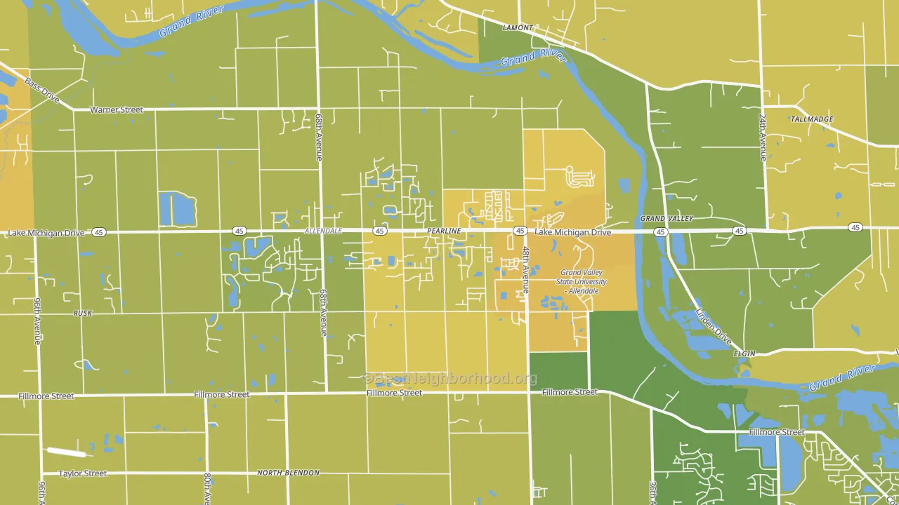 Map of the best neighborhoods in the Allendale area, with better matches in green and worse matches in red