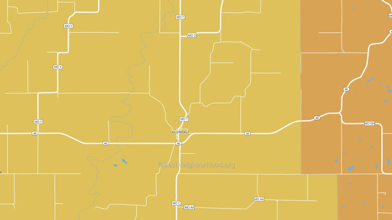Map of the best neighborhoods in the Allendale area, with better matches in green and worse matches in red