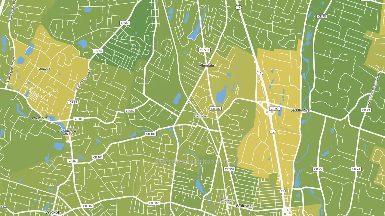 Map of the best neighborhoods in the Allendale area, with better matches in green and worse matches in red