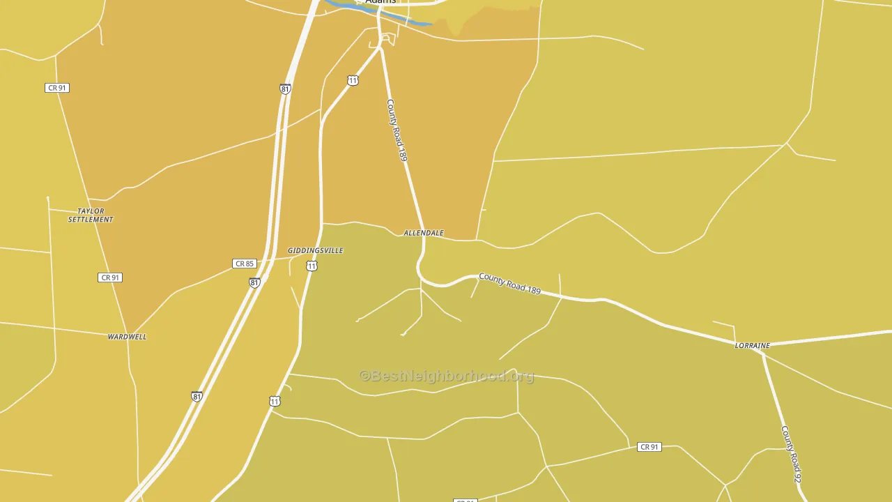 Map of the best neighborhoods in the Allendale area, with better matches in green and worse matches in red