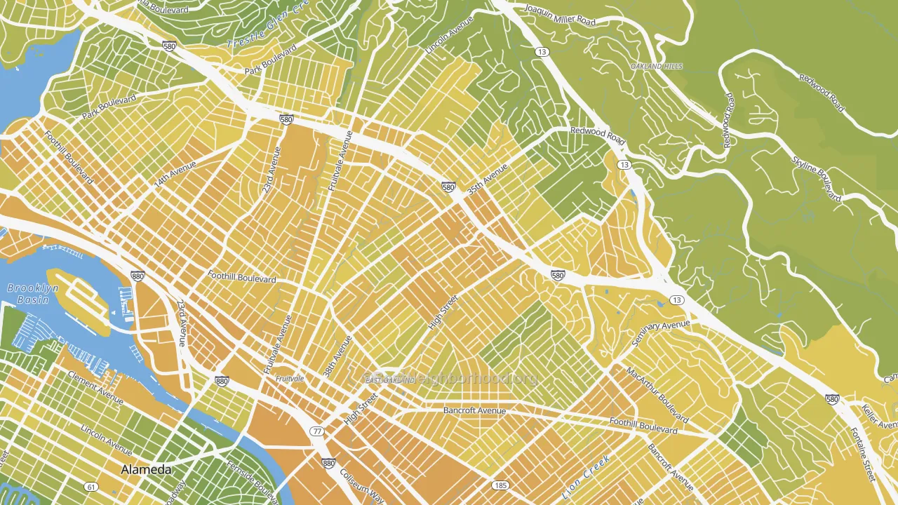 Map of the best neighborhoods in the Allendale, Oakland area, with better matches in green and worse matches in red
