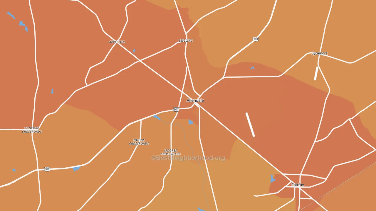 Map of the best neighborhoods in the Allendale area, with better matches in green and worse matches in red