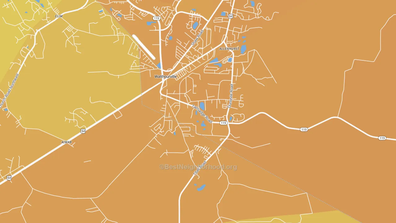 Map of the best neighborhoods in the Allenhurst area, with better matches in green and worse matches in red