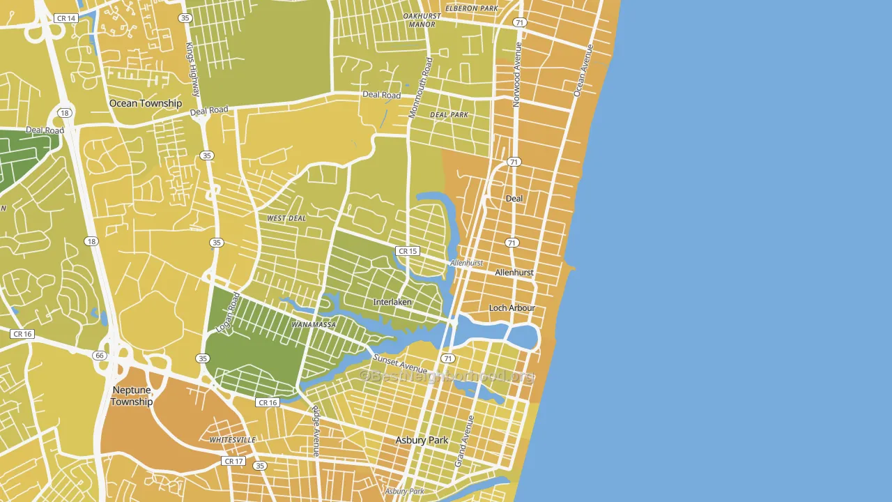 Map of the best neighborhoods in the Allenhurst area, with better matches in green and worse matches in red