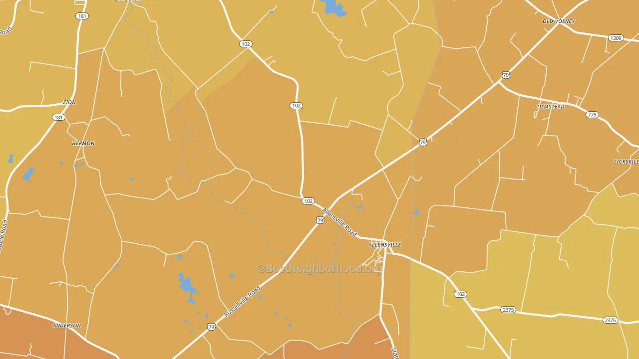 Map of the best neighborhoods in the Allensville area, with better matches in green and worse matches in red