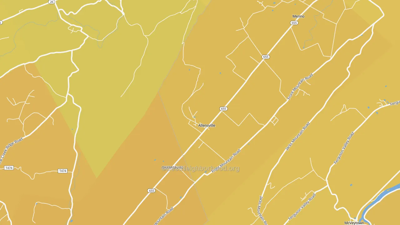 Map of the best neighborhoods in the Allensville area, with better matches in green and worse matches in red