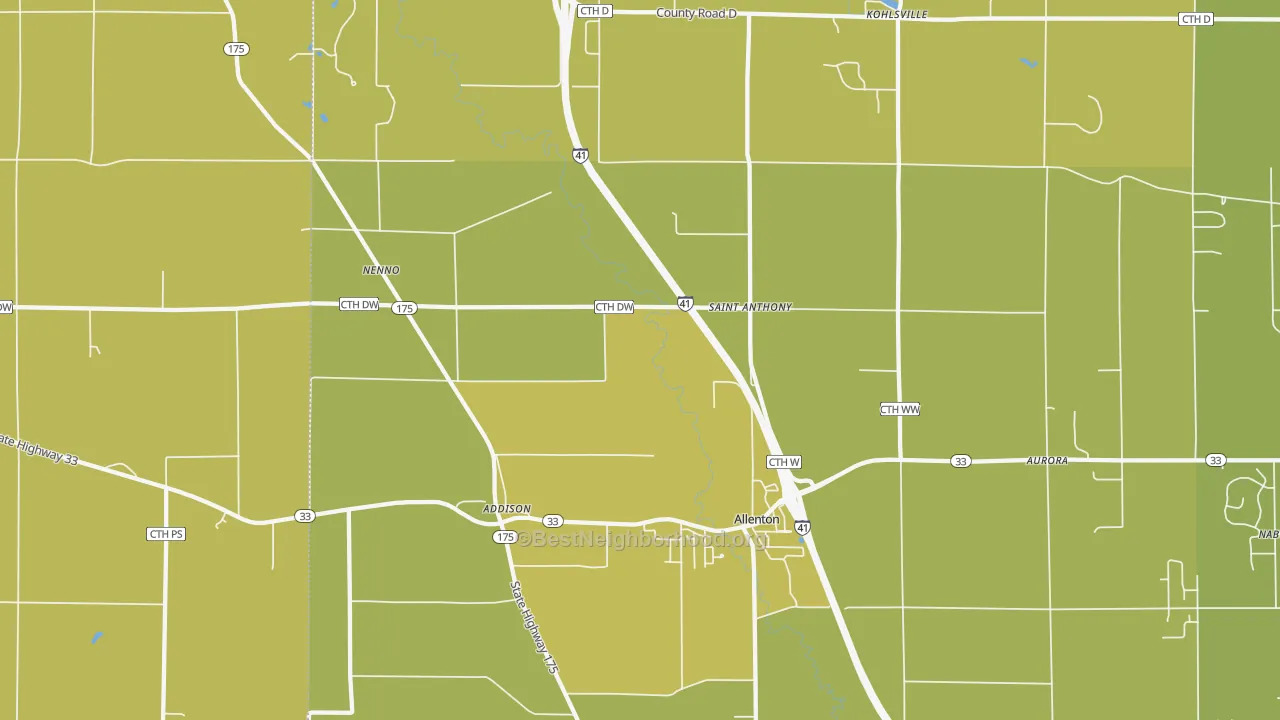 Map of the best neighborhoods in the Allenton area, with better matches in green and worse matches in red