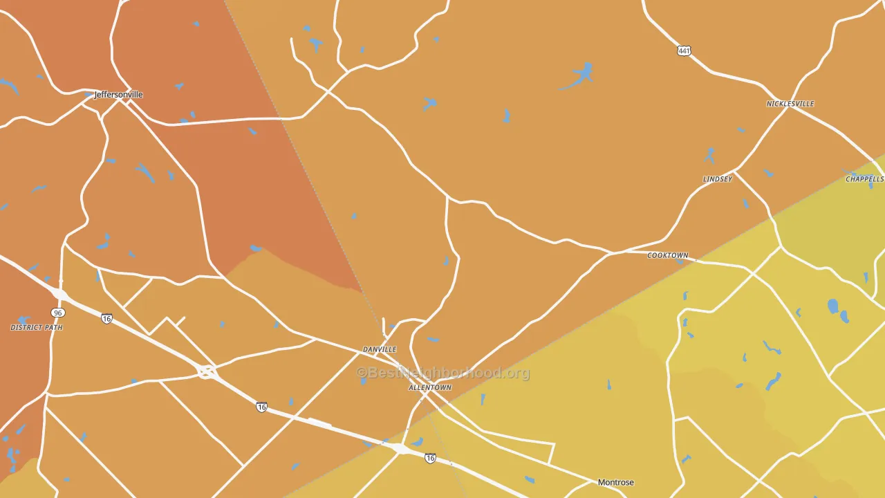 Map of the best neighborhoods in the Allentown area, with better matches in green and worse matches in red