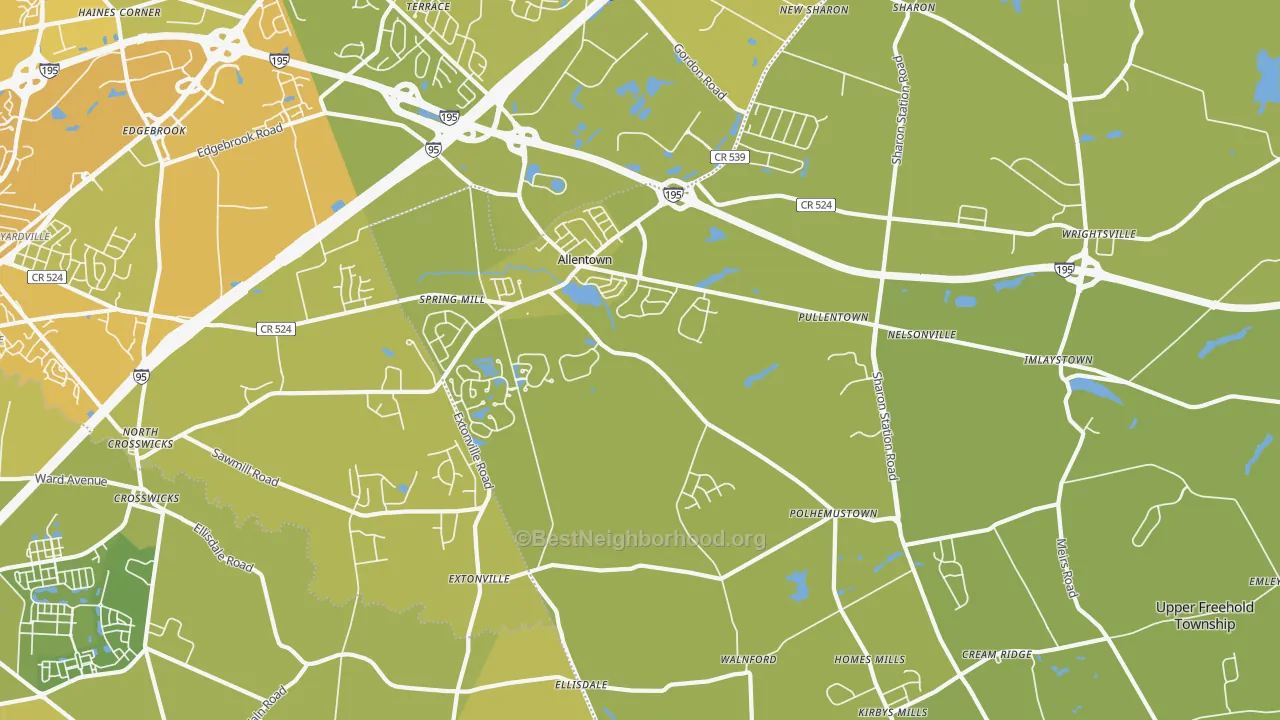 Map of the best neighborhoods in the Allentown area, with better matches in green and worse matches in red