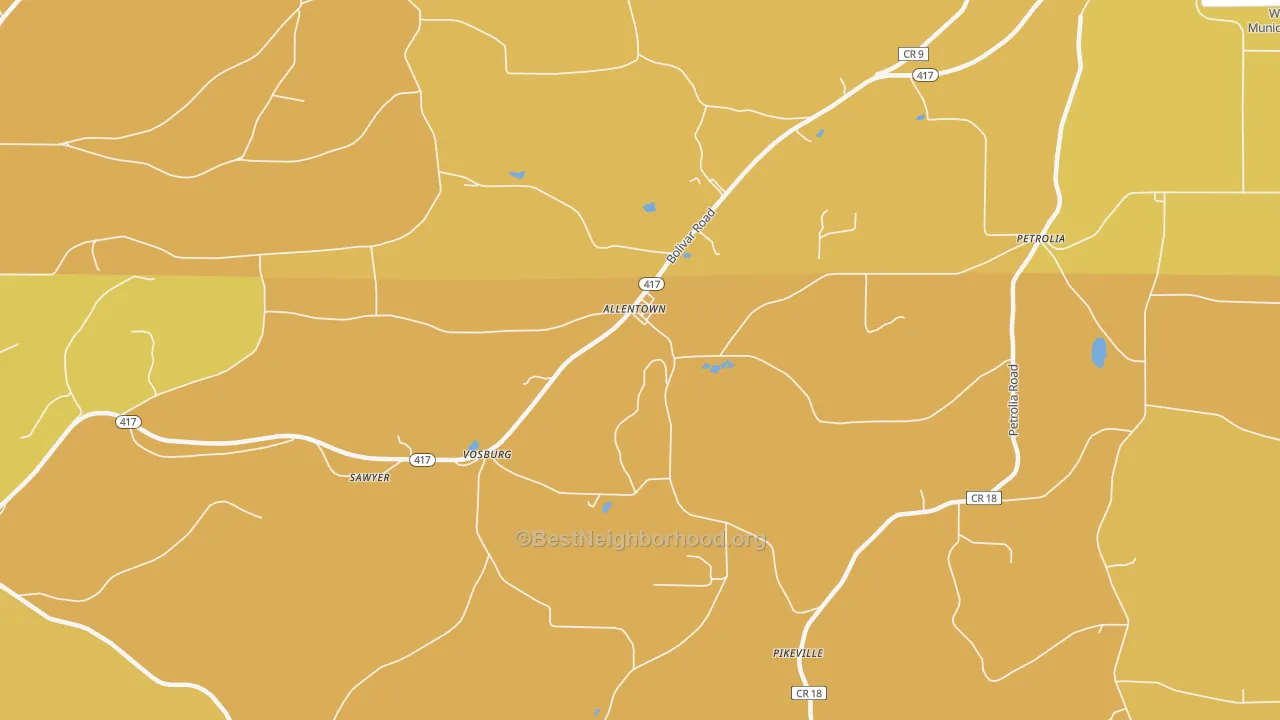 Map of the best neighborhoods in the Allentown area, with better matches in green and worse matches in red