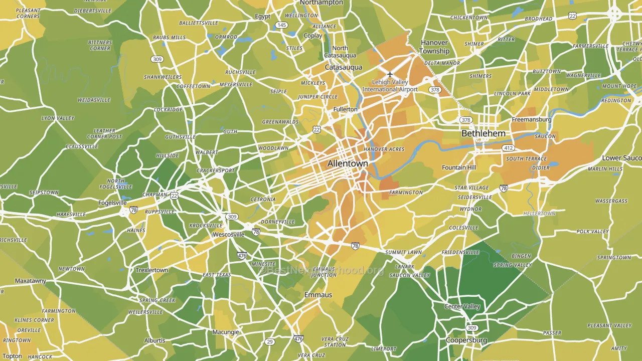 Map of the best neighborhoods in the Allentown Metro area, with better matches in green and worse matches in red