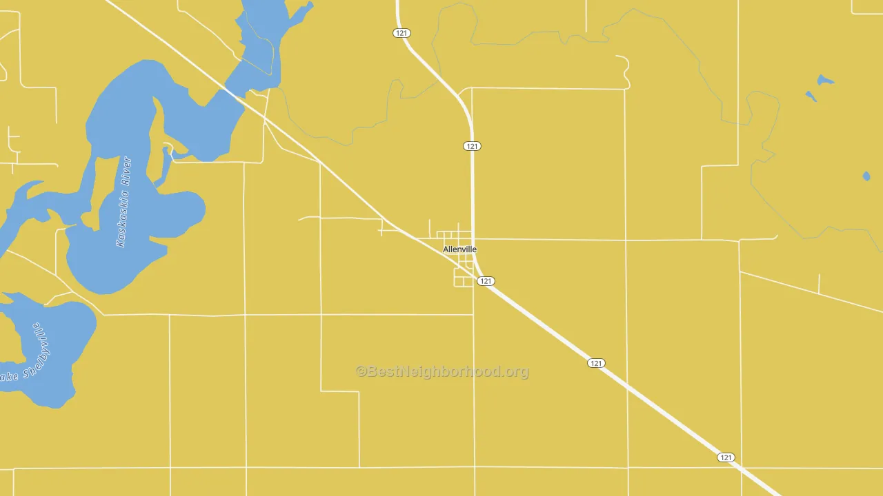 Map of the best neighborhoods in the Allenville area, with better matches in green and worse matches in red