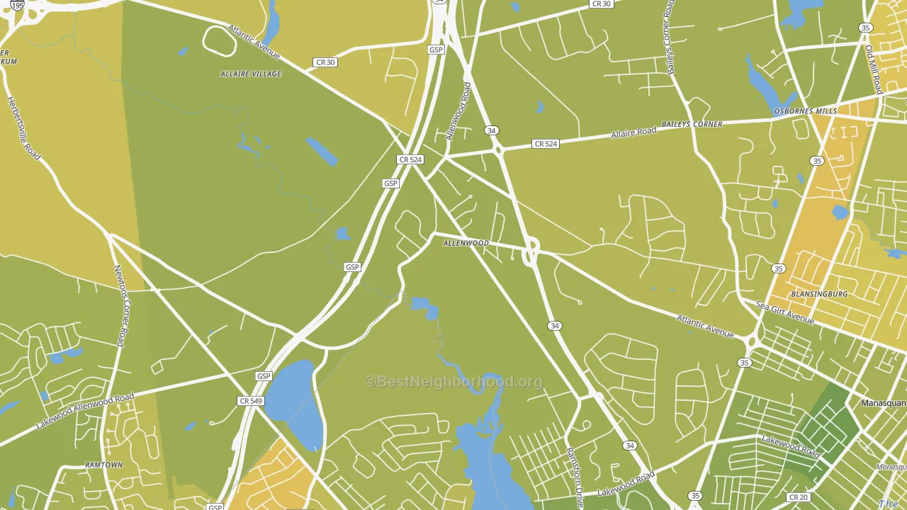 Map of the best neighborhoods in the Allenwood area, with better matches in green and worse matches in red