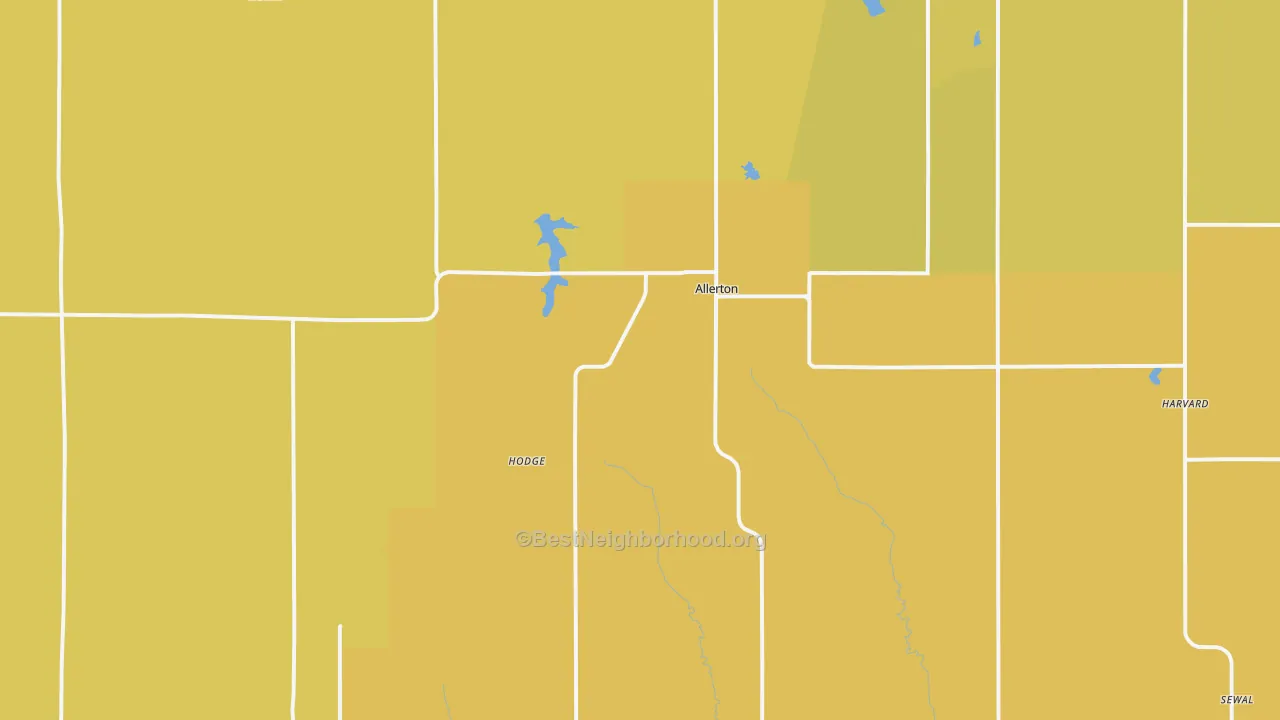 Map of the best neighborhoods in the Allerton area, with better matches in green and worse matches in red