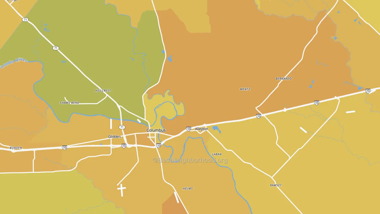 Map of the best neighborhoods in the Alleyton area, with better matches in green and worse matches in red