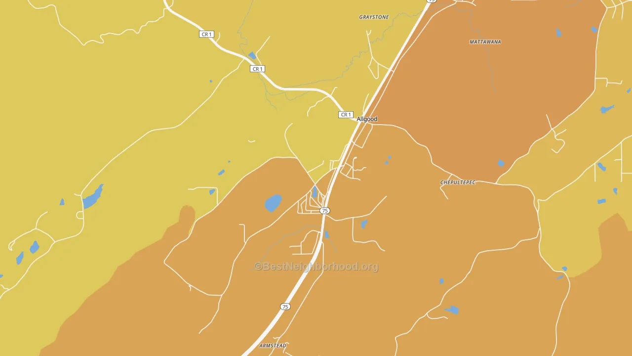 Map of the best neighborhoods in the Allgood area, with better matches in green and worse matches in red