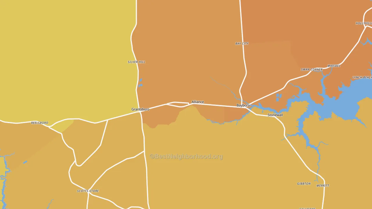 Map of the best neighborhoods in the Alliance area, with better matches in green and worse matches in red