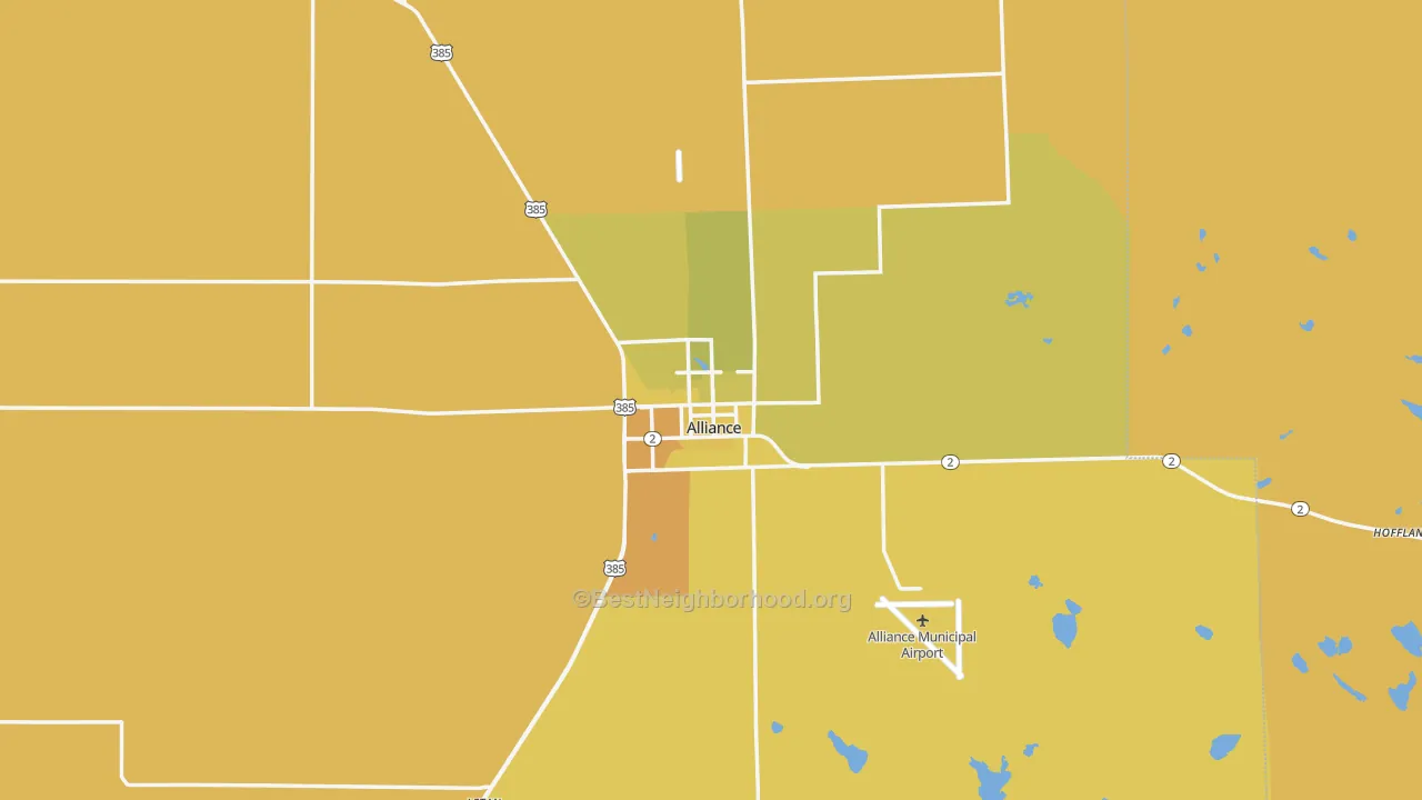 Map of the best neighborhoods in the Alliance area, with better matches in green and worse matches in red