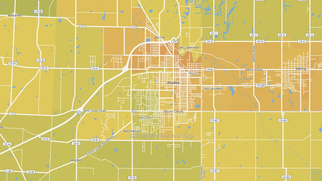 Map of the best neighborhoods in the Alliance area, with better matches in green and worse matches in red
