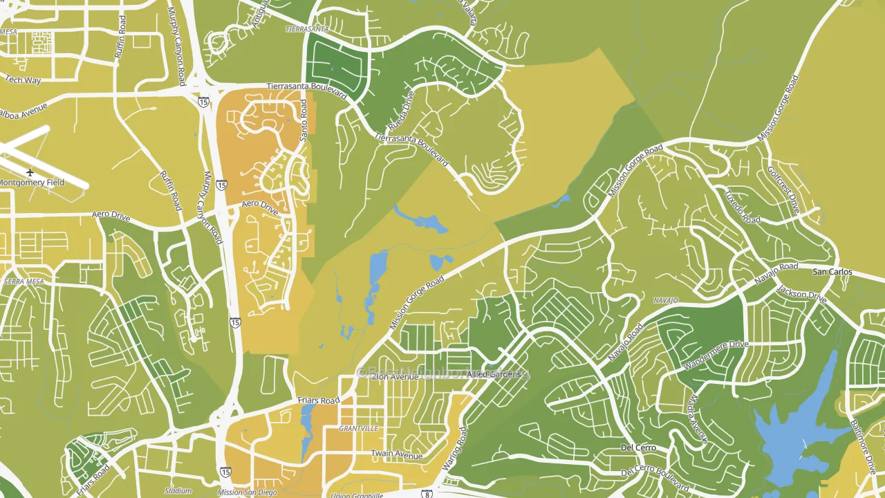 Map of the best neighborhoods in the Allied Gardens, San Diego area, with better matches in green and worse matches in red