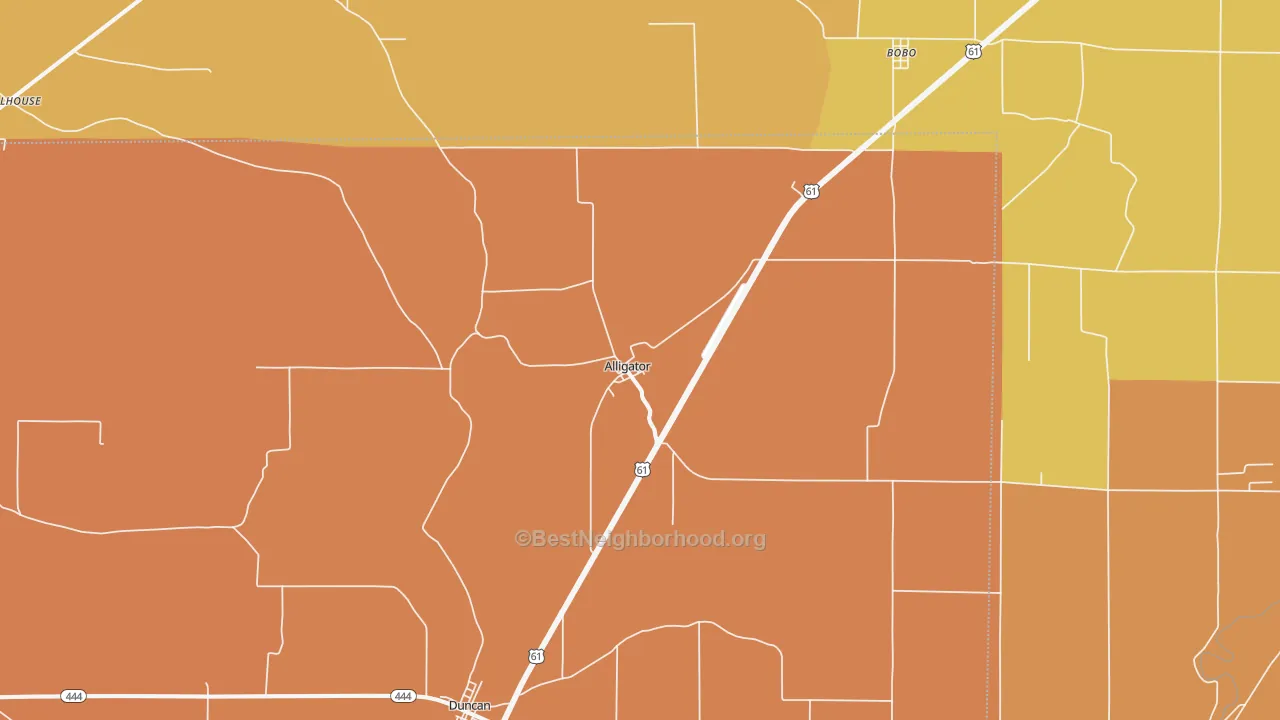 Map of the best neighborhoods in the Alligator area, with better matches in green and worse matches in red