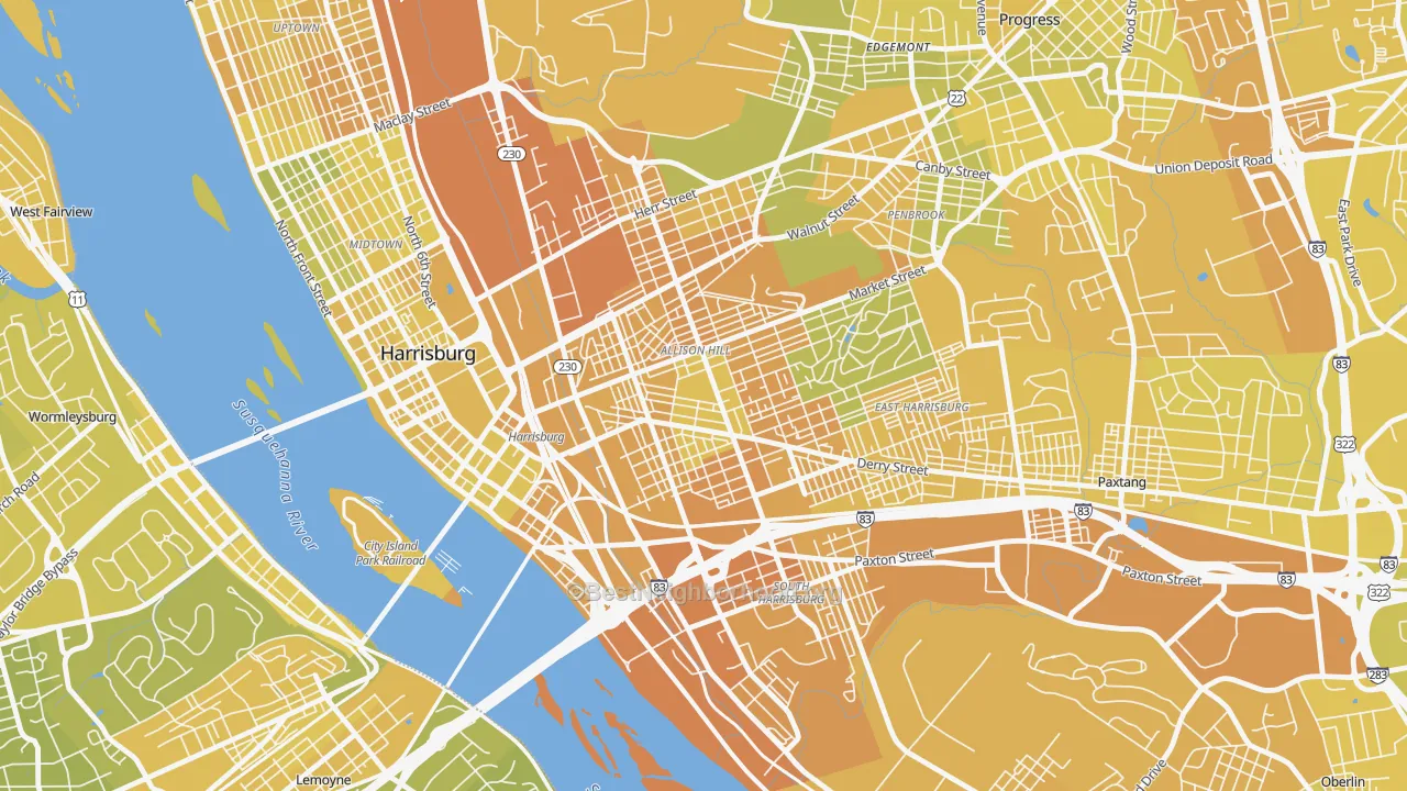 Map of the best neighborhoods in the Allison Hill, Harrisburg area, with better matches in green and worse matches in red