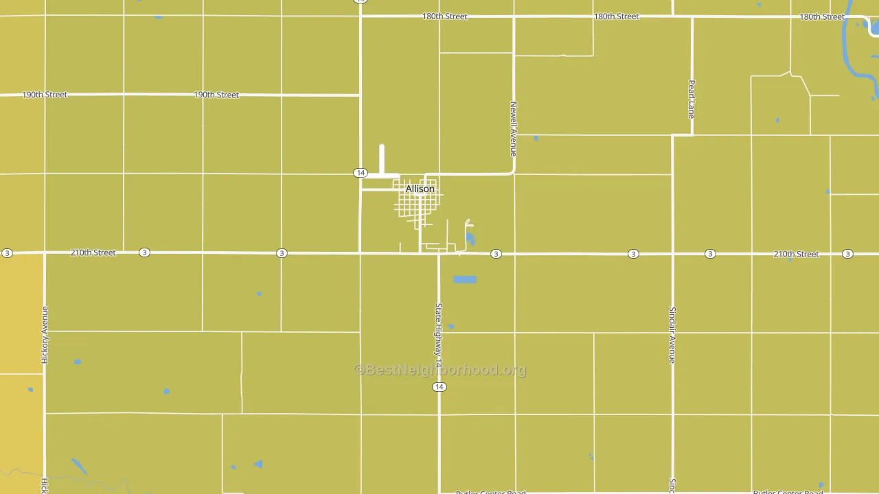 Map of the best neighborhoods in the Allison area, with better matches in green and worse matches in red