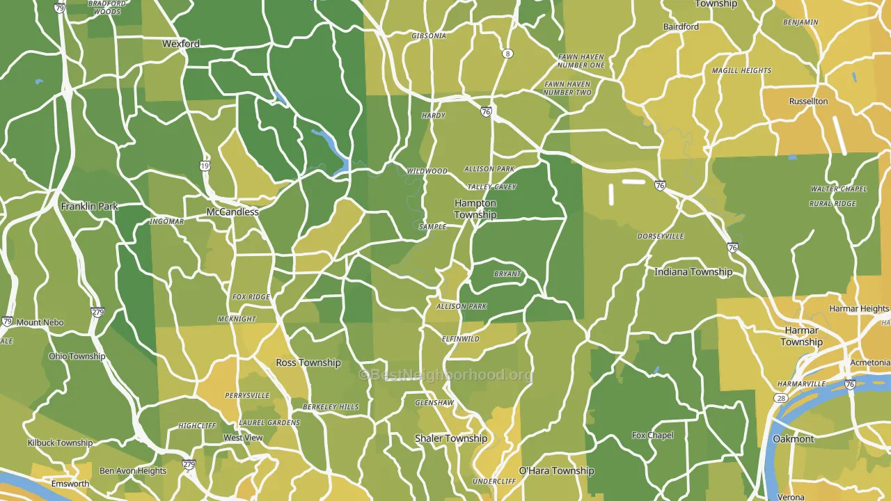 Map of the best neighborhoods in the Allison Park area, with better matches in green and worse matches in red