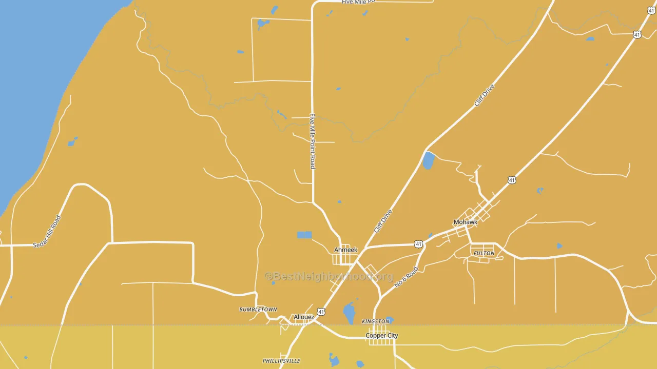 Map of the best neighborhoods in the Allouez area, with better matches in green and worse matches in red