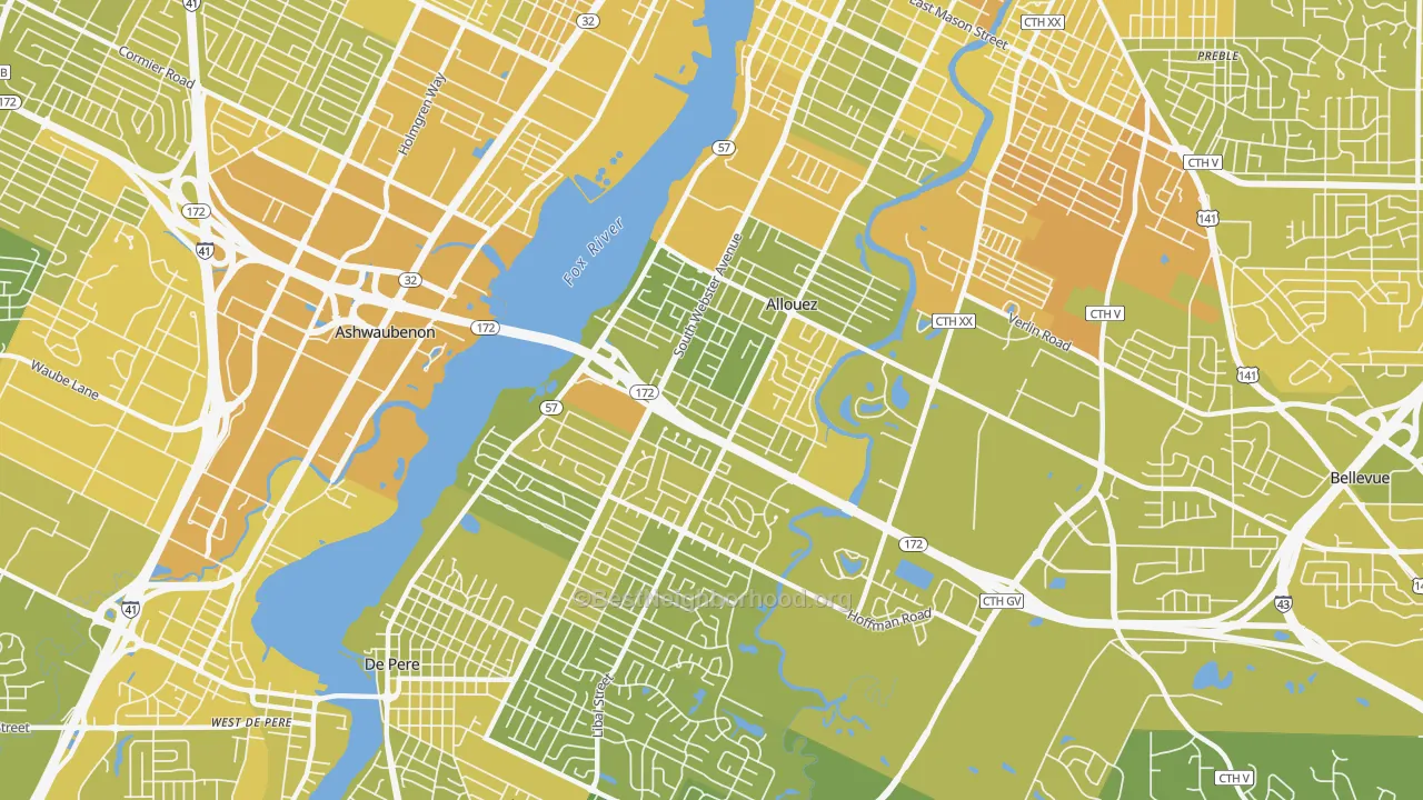 Map of the best neighborhoods in the Allouez area, with better matches in green and worse matches in red
