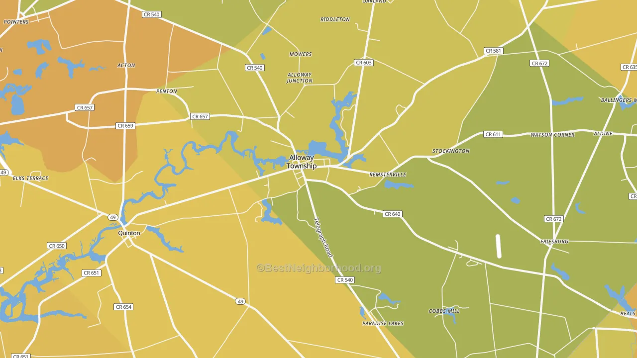 Map of the best neighborhoods in the Alloway area, with better matches in green and worse matches in red