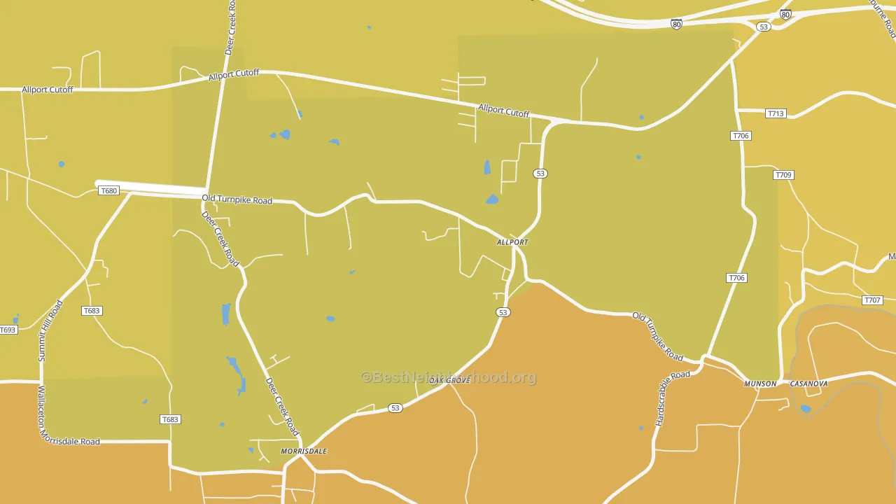 Map of the best neighborhoods in the Allport area, with better matches in green and worse matches in red
