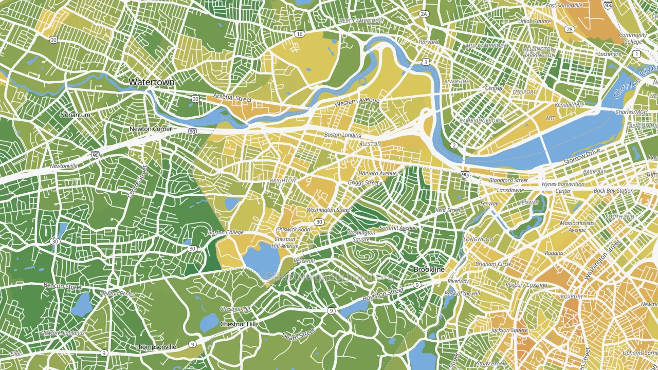 Map of the best neighborhoods in the Allston-Brighton, Brighton area, with better matches in green and worse matches in red