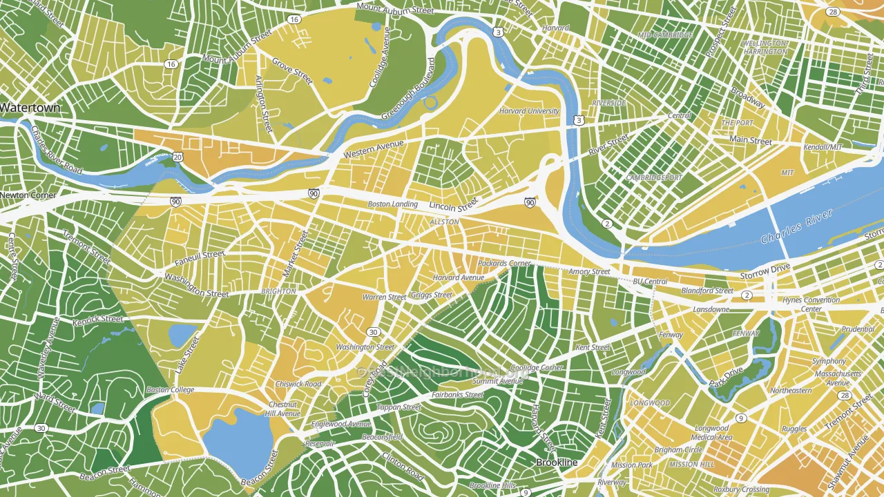 Map of the best neighborhoods in the Allston area, with better matches in green and worse matches in red