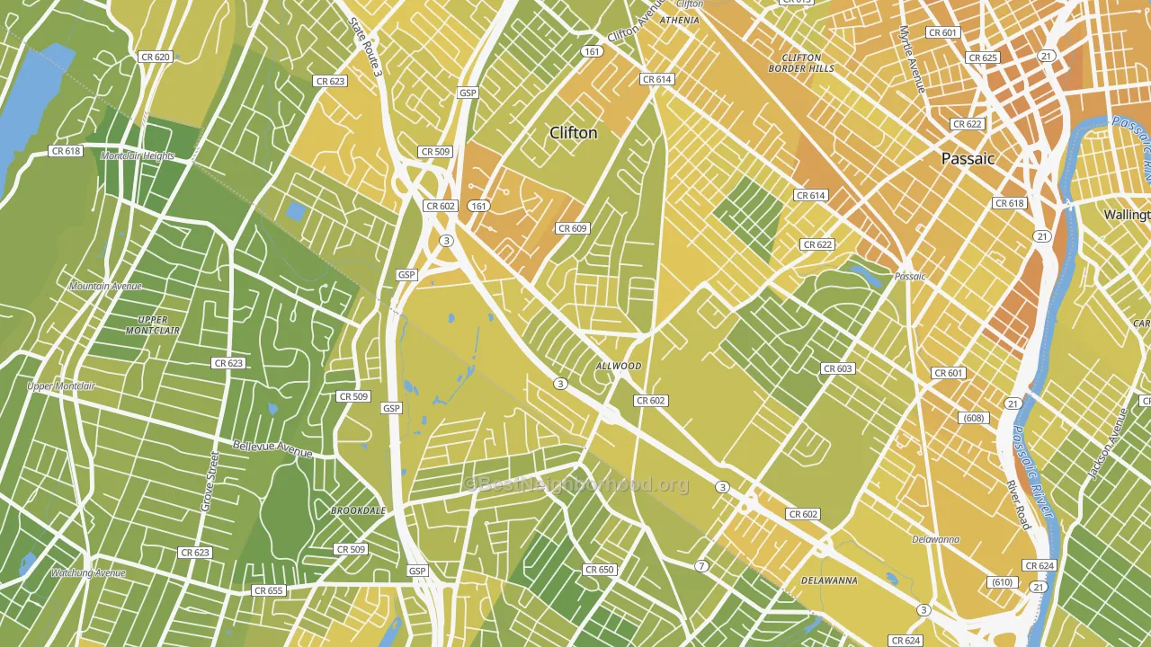 Map of the best neighborhoods in the Allwood, Clifton area, with better matches in green and worse matches in red