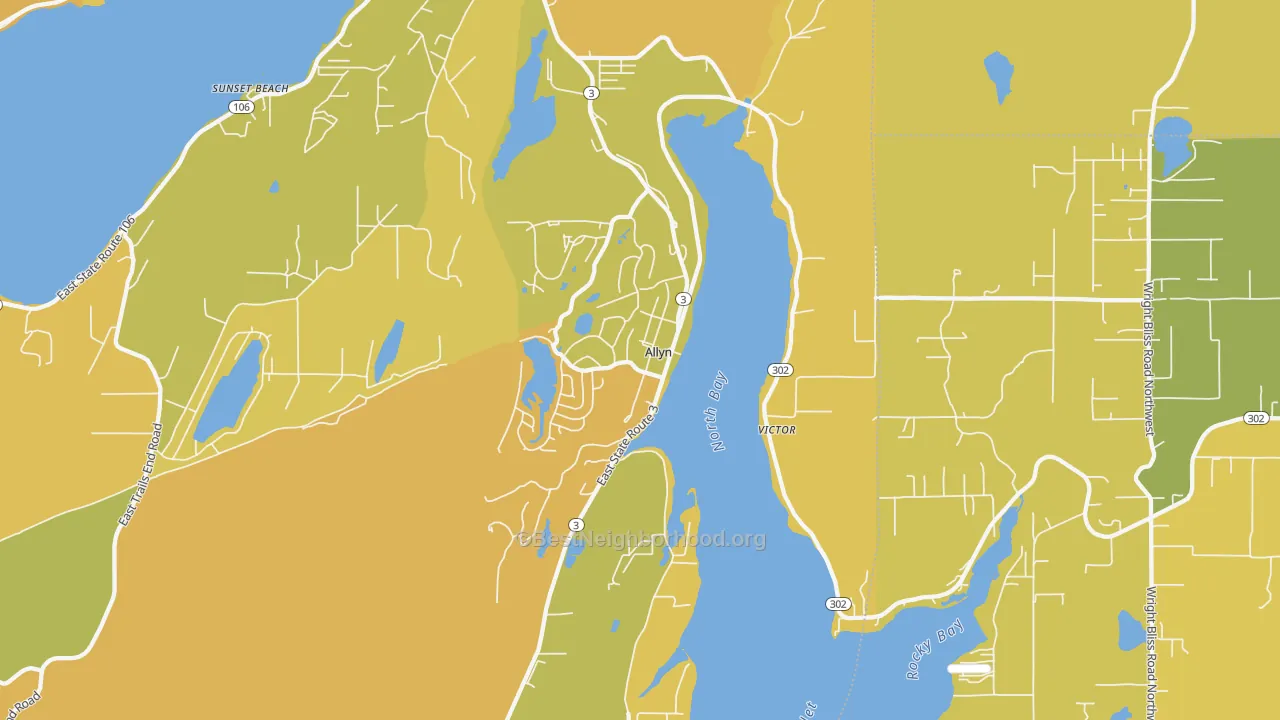 Map of the best neighborhoods in the Allyn area, with better matches in green and worse matches in red
