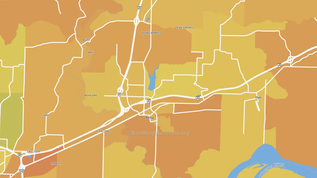 Map of the best neighborhoods in the Alma area, with better matches in green and worse matches in red