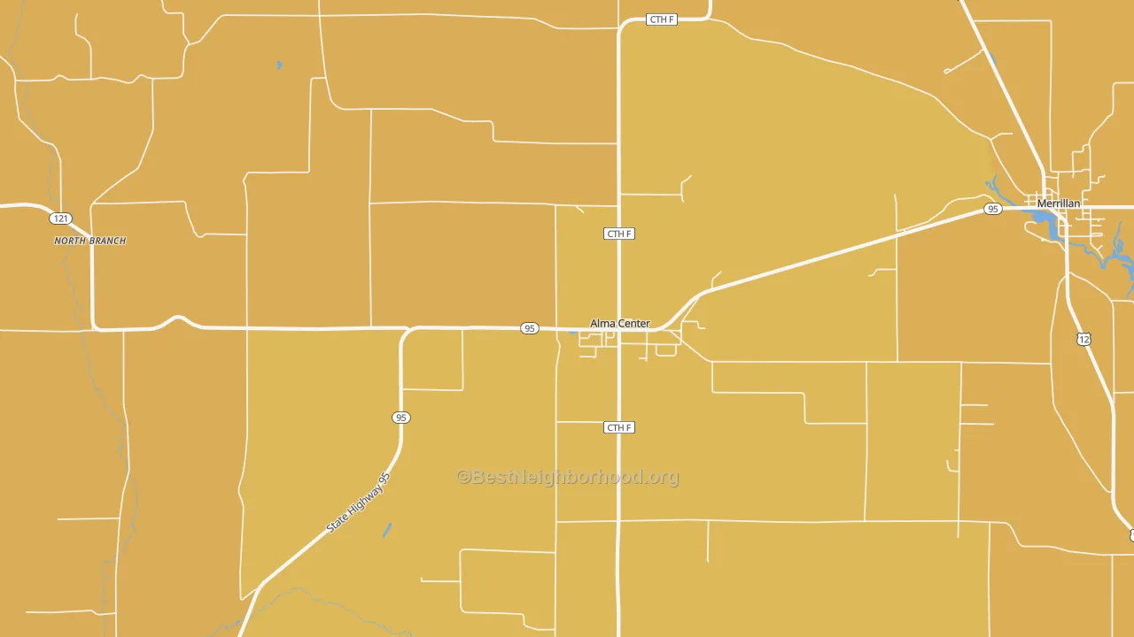 Map of the best neighborhoods in the Alma Center area, with better matches in green and worse matches in red
