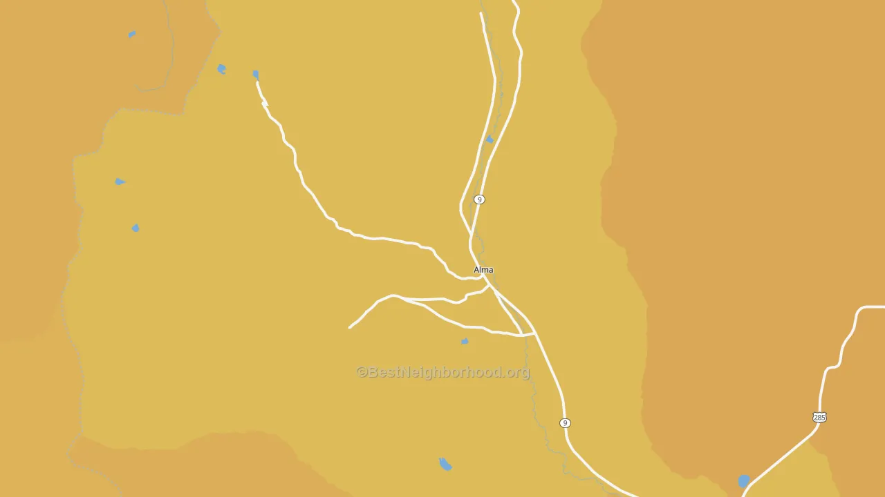 Map of the best neighborhoods in the Alma area, with better matches in green and worse matches in red