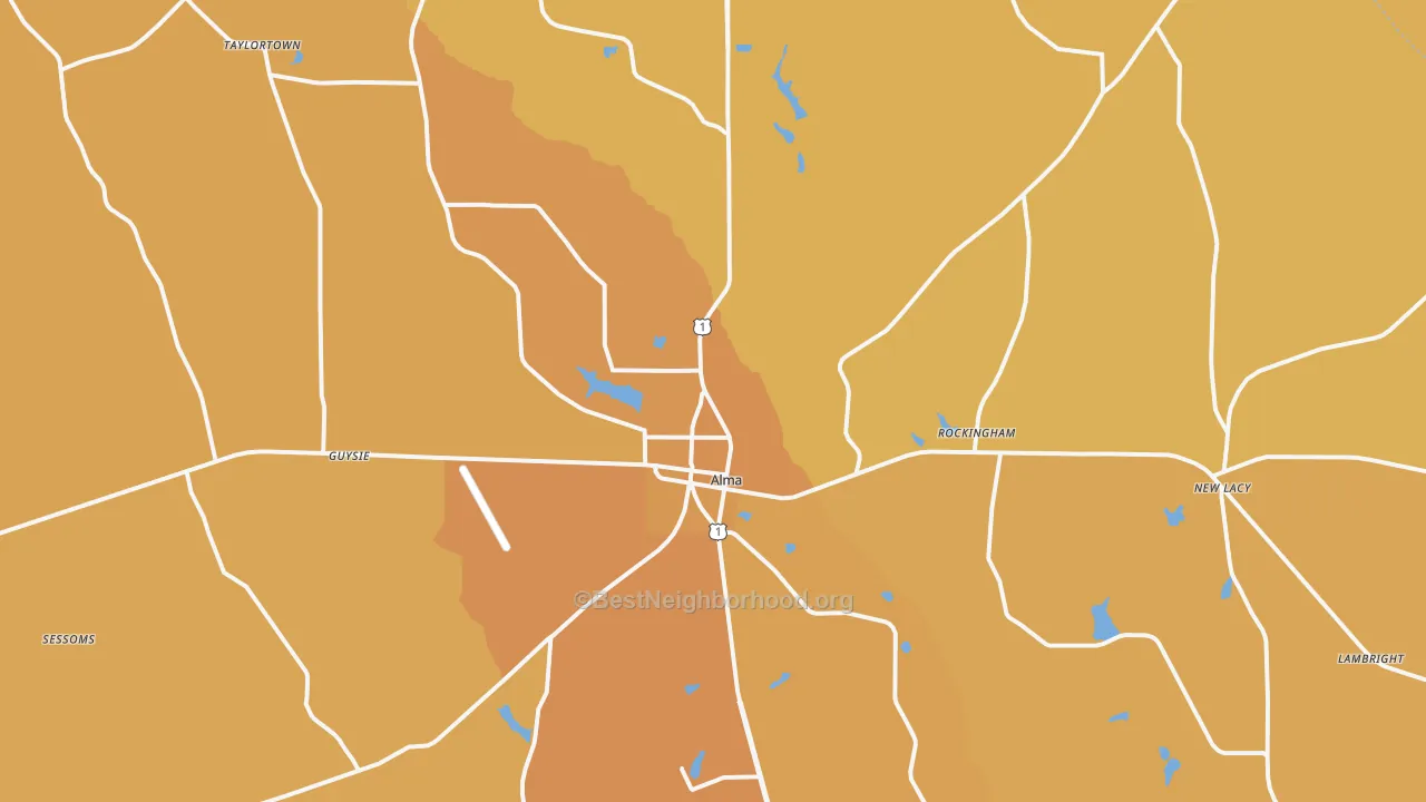 Map of the best neighborhoods in the Alma area, with better matches in green and worse matches in red