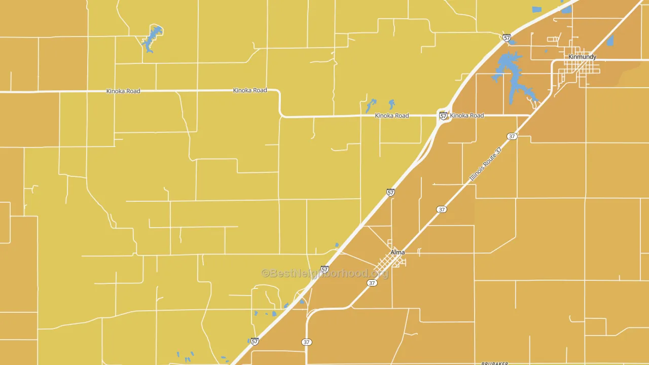 Map of the best neighborhoods in the Alma area, with better matches in green and worse matches in red